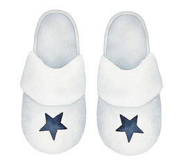 White slippers with starry pattern. Soft, fuzzy, comfortable, warm and cosy. Above, overhead view, single object. Stylish personal accessory. Hand drawn watercolour drawing, white background, cut out.