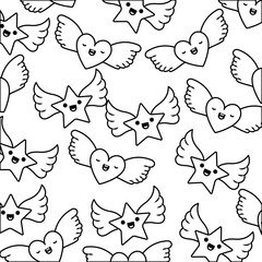 Obraz premium cute hearts love and stars with wings kawaii pattern vector illustration design