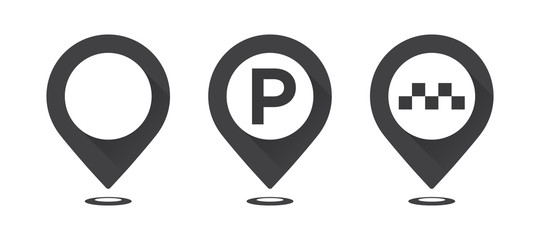 Set of gray map pointers. Map pointer, map parking pointer, map taxi pointer.