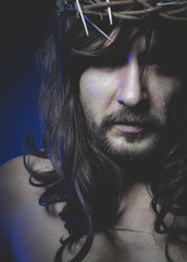 Jesus of Nazareth, representation of the Calvary of Jesus, son of God. He has the wound on his side...