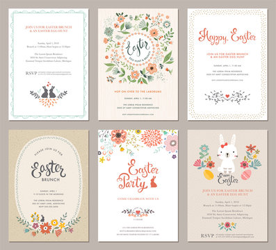 Vector Easter Party Invitations and Greeting Cards with eggs, flowers, floral wreath, rabbit and typographic design on the textured background. 
