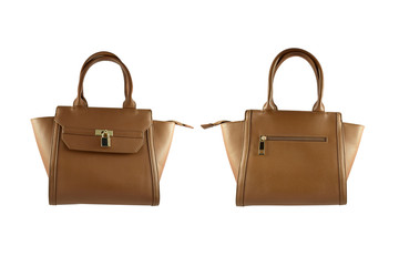 Brown female handbag with gold padlock design isolated on white background. beautiful style for woman.