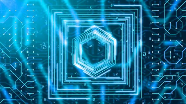 A cutting edge 3d rendering of a circuit board looking like a square with a hex inside, wavy lines and Matrix-style falling numbers in the blue background. All shapes are light blue.