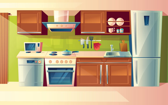Vector cartoon cooking room interior, kitchen counter with appliances - washing machine, toaster, fridge, microwave, kettle, blender, stove, potholder. Cupboard furniture Household objects