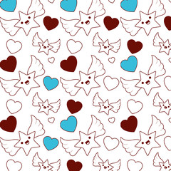 cute hearts love and stars with wings kawaii pattern vector illustration design