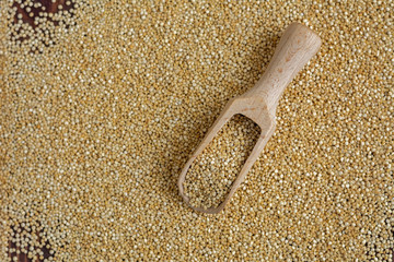 Kinoa seeds in wooden spoon on wooden table