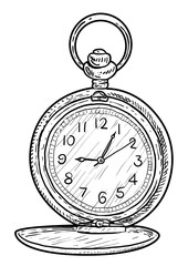 Pocket clock illustration, drawing, engraving, ink, line art, vector