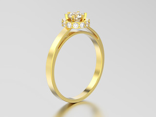 3D illustration yellow gold halo bezel pave diamond ring