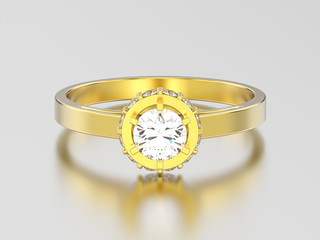 3D illustration yellow gold halo bezel pave diamond ring