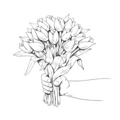 Hand is holding a bouquet of flowers. Line art. Vector illustration.