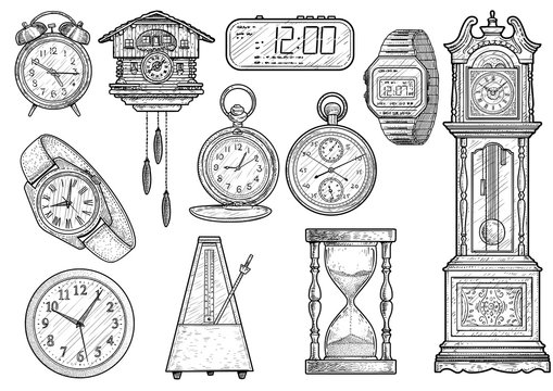 Clock collection illustration, drawing, engraving, ink, line art, vector