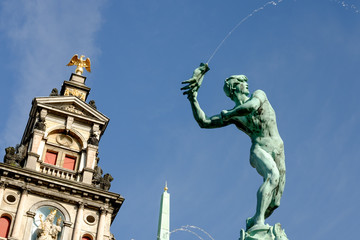 Close-up view of the statue of Silvius Brabo on the main square of Antwerp