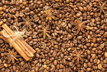 Cinnamon, star anise and coffee beans for background