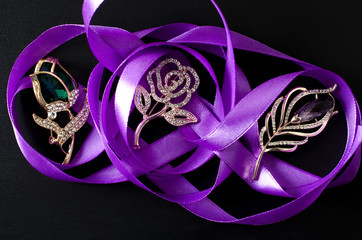 three brooch flowers in silk ribbon