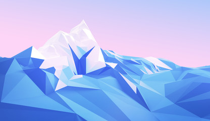 Winter polygonal image of a mountainous area with a glacier on top of a mountain. 3d illustration