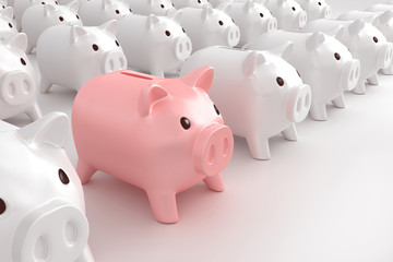 Pink pig-piggy bank stands out against the background of other white piggy banks. 3d illustration