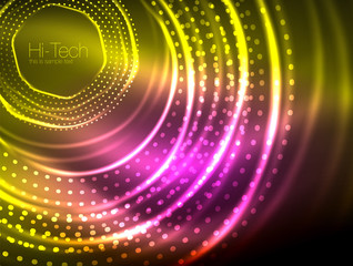 Magic neon circle shape abstract background, shiny light effect template for web banner, business or technology presentation background or elements, vector illustration