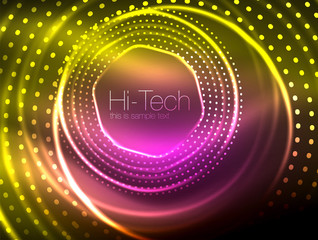 Magic neon circle shape abstract background, shiny light effect template for web banner, business or technology presentation background or elements, vector illustration
