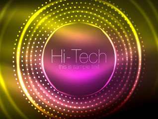 Magic neon circle shape abstract background, shiny light effect template for web banner, business or technology presentation background or elements, vector illustration