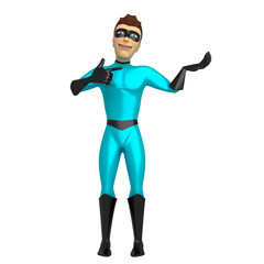 3d character in a superhero costume on a white background, holding something on one hand and pointing it at the other hand. 3d illustration