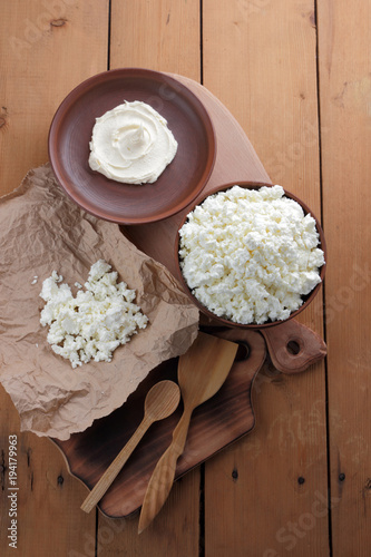 Cheese Cottage Cheese And Cream In Clay Pots Fresh Cottage