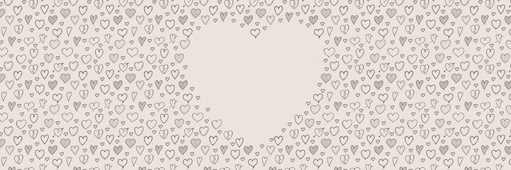 Template of an invitation with hand drawn hearts and copyspace. Women's Day, Mother's Day and Valentine's Day. Vector.