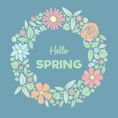 Hello Spring - poster with hand drawn flowers. Vector.