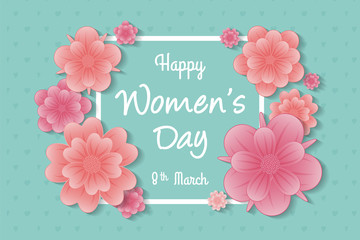 Happy Women's Day - concept of a poster with floral frame. Vector.