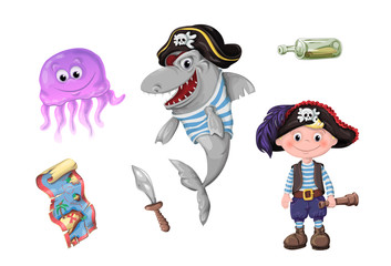 Obraz na płótnie Canvas Set of funny cartoon cute children of pirates and sea inhabitants.