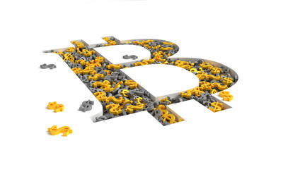 Bitcoin sign filled with gold and black dollar signs