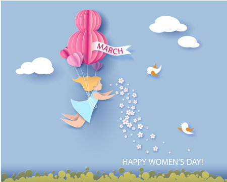 Card for 8 March womens day. Abstract background with text and woman flying with air balloons .Vector illustration. Paper cut and craft style.