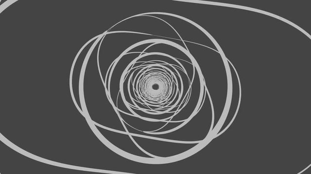 A neo-geo 3d rendering of tunnel motion effects produced with turning white oval, circle and spiral structures changing quickly. There is an illusion of a flying spacecraft.