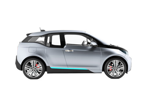 Electric car side view blue black 3d render on white background no shadow