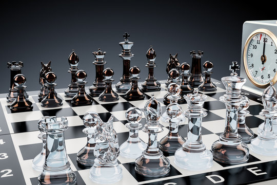 Checkerboard with glass chess figures and chess clock, 3D rendering
