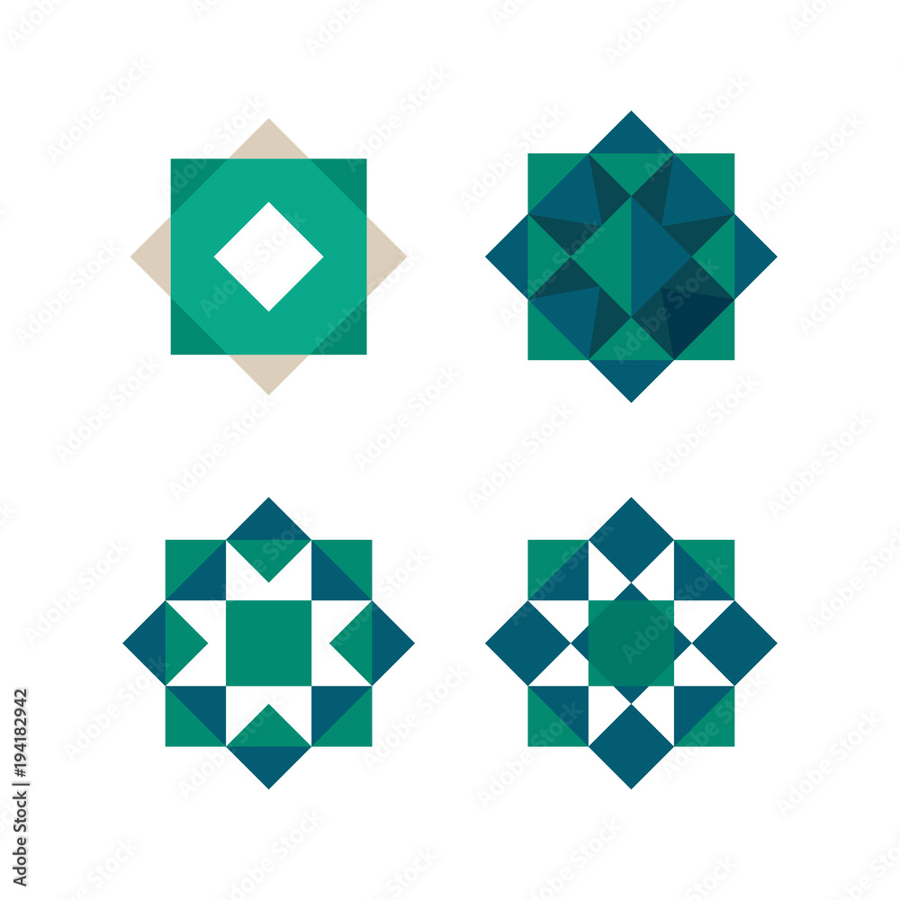 Poster green triangles and squares shape. abstract geometrical tile, vector logo template. arabic pattern e