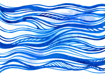 Watercolor hand painted brush strokes. Abstract blue lines background. Vivid aquarelle waves. Sea pattern.