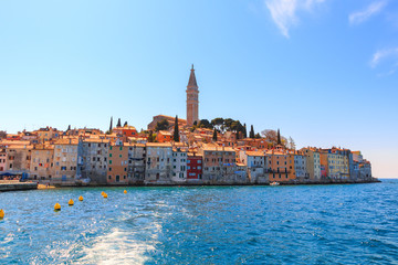 Beautiful and cozy medieval town of Rovinj, colorful with houses and church