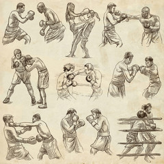 Box. Boxing Sport. Collection of boxing positions of some sportmen. An hand drawn set.