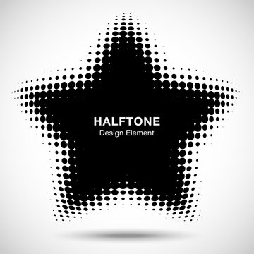 Convex black abstract vector distorted star frame halftone dots logo emblem design element for new technology pattern background. Vector illustration