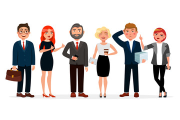 Fototapeta na wymiar Business people standing together vector illustration in flat design. Set of various business people cartoon characters for infographic design. Business men and women isolated on white background.