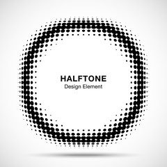 Convex distorted black abstract vector circle frame halftone dots logo emblem design element for new technology pattern background. Round border Icon using halftone circle dots raster texture. Vector 