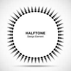 Convex distorted black abstract vector circle frame halftone dots logo emblem design element for new technology pattern background. Round border Icon using halftone circle dots raster texture. Vector 
