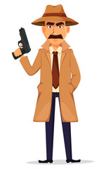 Detective in hat and coat. Handsome character