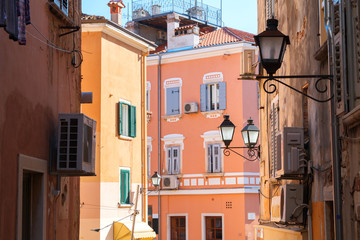 Beautiful and cozy medieval town of Rovinj, colorful with houses and church