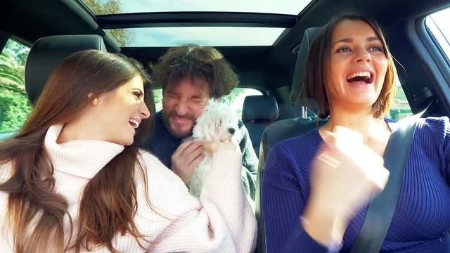 Happy beautiful people driving car playing with little dog