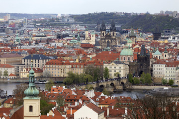 Obraz premium View on the spring Prague City with the green Nature and flowering Trees, Czech Republic