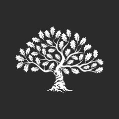 Huge and sacred oak tree silhouette logo badge isolated on dark background.