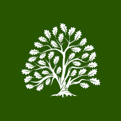 Huge and sacred oak tree silhouette logo badge isolated on green background.