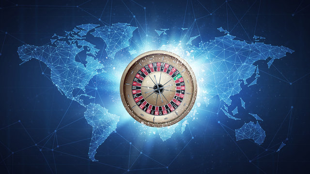 Casino roulette flying in white particles on the background of blockchain technology network polygon world map. Sport competition concept for roulette tournament poster, placard, card or banner.
