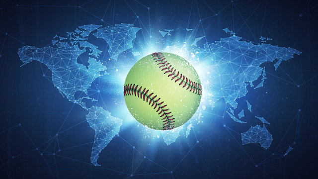 Fastball Ball flying in white particles on the background of blockchain technology network polygon world map. Sport competition concept for fastball tournament poster, placard, card or banner.